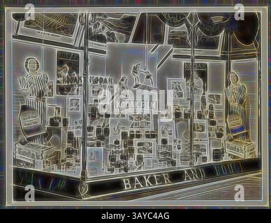 Un display vintage con una serie di film Kodak, arricchito da un divertente effetto artistico. Due figure elegantemente vestite affiancano gli articoli promozionali, attirando l'attenzione sul marchio e sul merchandising nostalgico dell'epoca. Fotografia - Kodak, Shopfront display, "Any camera is a Better camera loaded with Kodak Film", 1934-1936, display Shopfront "Any camera is a Better camera loaded with Kodak Film" che mostra fotocamere, fotografie, accessori fotografici e attrezzature. Una delle cinquantantasei fotografie in un album raffiguranti la vetrina del negozio Kodak Australasia Pty Ltd Foto Stock