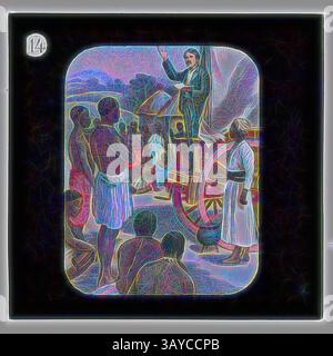 Un gruppo di persone ascolta con attenzione mentre un oratore sta su un carrello, offrendo un messaggio probabilmente pieno di passione e convinzione. La scena trasmette un senso di attenzione e coinvolgimento, con un pubblico diversificato riunito intorno, che mostra un momento di comunicazione e connessione significativa. Lantern Slide - predicazione da un Waggon, vita e opera del dottor David Livingstone, intorno al 1900, Lantern Slide raffigurante David Livingstone predicando da un carro. Fa parte di una serie incompleta di 40 diapositive, due mancanti, che illustrano i momenti salienti della vita e dei viaggi di Livingstone. Queste diapositive lo erano Foto Stock