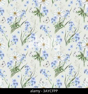 Blue Forget-me-nots, anemoni bianchi, erba forestale e farfalle. Acquerello botanico con motivo senza cuciture su sfondo verde chiaro. Per vari Foto Stock