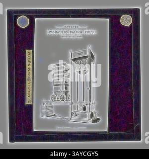 Un'illustrazione di una pressa per balle idraulica, con disegni dettagliati e annotazioni che ne mostrano la struttura e le specifiche in modo prominente. Lantern Slide - Tangyes Ltd, Baling Press, circa 1910, una delle 239 guide di lanterna in vetro raffiguranti prodotti fabbricati dagli ingegneri della Tangyes Limited di Birmingham, Inghilterra. Le immagini includono vari prodotti quali motori, pompe centrifughe, pompe idrauliche, produttori di gas, macchine per la prova dei materiali, presse, macchine utensili, martinetti idraulici, ecc. Tangyes era una società che operava dal 1857 al 1957. Hanno prodotto un'ampia varietà di ingegneria Foto Stock