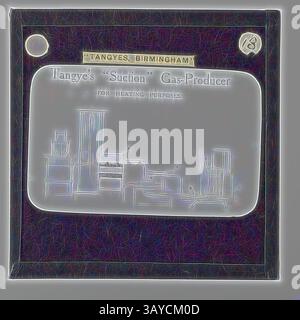 Un annuncio per il produttore di gas di "aspirazione" di Tangye, che mostra un'illustrazione dettagliata dell'apparecchiatura e del suo uso previsto per il riscaldamento. Il design incorpora testo di rilievo e un layout elegante, che enfatizza il marchio e le caratteristiche del prodotto. Lantern Slide - Tangyes Ltd, Suction gas Producer Plant Cross-Section, circa 1910, una delle 239 lanterne in vetro raffiguranti prodotti fabbricati dagli ingegneri Tangyes Limited di Birmingham, Inghilterra. Le immagini includono vari prodotti quali motori, pompe centrifughe, pompe idrauliche, produttori di gas, macchine per la prova dei materiali, presse Foto Stock