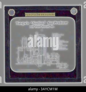 Un'illustrazione dettagliata del produttore di gas di "aspirazione" di Tangye, che mostra i suoi componenti e il design, con parti etichettate per la lavorazione dei rifiuti di legno. L'immagine include annotazioni che evidenziano varie caratteristiche e specifiche dell'apparecchiatura. Lantern Slide - Tangyes Ltd, Suction gas Producer Diagram, circa 1910, una delle 239 lanterne di vetro raffiguranti prodotti fabbricati dagli ingegneri Tangyes Limited di Birmingham, Inghilterra. Le immagini includono vari prodotti quali motori, pompe centrifughe, pompe idrauliche, produttori di gas, macchine per la prova dei materiali, presse, macchine utensili, idrauliche Foto Stock