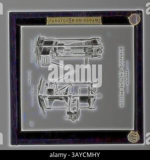 Un'illustrazione dettagliata che mostra le presse idrauliche invoture di Tangyes, Birmingham, evidenziandone il design e i componenti meccanici. Lantern Slide - Tangyes Ltd, presse a tintura, circa 1910, una delle 239 lanterne di vetro raffiguranti prodotti fabbricati dagli ingegneri Tangyes Limited di Birmingham, Inghilterra. Le immagini includono vari prodotti quali motori, pompe centrifughe, pompe idrauliche, produttori di gas, macchine per la prova dei materiali, presse, macchine utensili, martinetti idraulici, ecc. Tangyes era una società che operava dal 1857 al 1957. Hanno prodotto un'ampia varietà di ingegneria Foto Stock