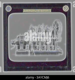 Un'illustrazione dettagliata di un motore a vapore, che mostra i suoi componenti complessi e il design meccanico, con un volano prominente e varie parti interconnesse etichettate come "TANGYES, BIRMINGHAM., Lantern Slide - Tangyes Ltd, Vertical Treble RAM Pump, circa 1910, una delle 239 lanterne di vetro raffiguranti prodotti fabbricati dagli ingegneri Tangyes Limited di Birmingham, Inghilterra. Le immagini includono vari prodotti quali motori, pompe centrifughe, pompe idrauliche, produttori di gas, macchine per la prova dei materiali, presse, macchine utensili, martinetti idraulici, ecc. Tangyes era una compagnia che operava da Foto Stock