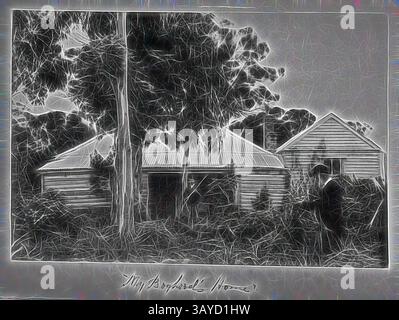 Una scena rustica presenta due vecchie case intemprate annidate tra alberi alti e fogliame sovrastato, che evocano un senso di storia e nostalgia. Il primo piano rivela accenni di figure umane, aggiungendo un elemento misterioso al paesaggio tranquillo. Fotografia - di A.J. Campbell, Victoria, circa 1890, Un uomo, in possesso di un fucile, in piedi di fronte ad un edificio in legno con tetto in ferro ondulato. C'è un secondo edificio sulla destra e c'è un grande albero in primo piano. Un uomo con la barba che indossa un cappello da bowler si erge sulla destra. Arte classica con un tocco moderno reinventata da Artotop Foto Stock