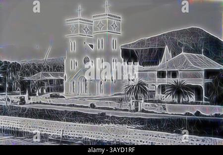 Una rappresentazione stilizzata di una suggestiva chiesa con torri gemelle, circondata da un'architettura e una vegetazione uniche, il tutto posto su uno sfondo drammatico. La scena cattura una miscela di linee e forme intricate, creando un'atmosfera quasi eterea. Lantern Slide - Cattedrale cattolica e presbiterio, Apia, Samoa, circa 1930, Lanterna slide raffigurante la cattedrale cattolica (chiesa) e il presbiterio ad Apia, Samoa. Parte di una collezione di 55 lanterne fotografiche viaggiano immagini scattate nelle isole del Pacifico, probabilmente alla fine degli anni '1930, arte classica con un tocco moderno reinventata da Artotop Foto Stock