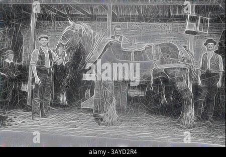 Un gruppo di individui si trova accanto a un grande cavallo da tiro in una stalla, con strumenti e attrezzature visibili sullo sfondo. La scena cattura un momento di connessione tra la gente e il cavallo, evidenziando il profondo legame nella vita agricola. Negativo - Clydesdale Draughthorse, Tullamarine, Victoria, circa 1900, Clydesdale Draughthorse nelle scuderie della stazione 'Gladstone Park'. A fianco ci sono tre uomini e un bambino. Gli uomini indossano cappelli, giubbotti e stivali, il cavallo indossa una sella. La stalla ha un tetto in ferro e una parete in mattoni, pali in legno sono visibili davanti alla stalla Foto Stock