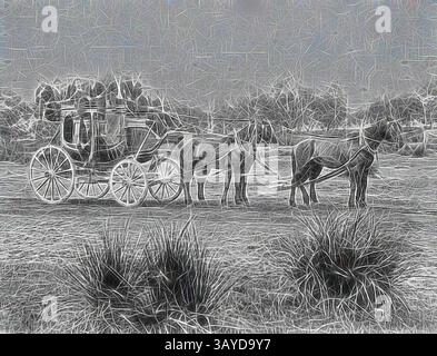 Una carrozza d'epoca trainata da cavalli sorge in un paesaggio sereno, trainata da due cavalli forti, circondata da alte erbe e da uno sfondo tranquillo. La scena cattura un senso di nostalgia e semplicità di un'epoca passata. Negativo - Thomas Vines alla guida di un pullman Cobb & Company, Geelong District, Victoria, 1890 circa, Thomas Vines alla guida di un pullman Cobb & Company importato dagli Stati Uniti da Joshua Vines nel 1861., arte classica con un tocco moderno reinventato da Artotop Foto Stock