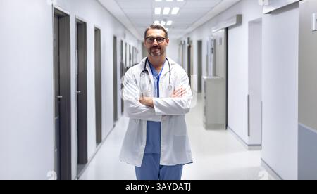 Medico di sesso maschile in piedi nel corridoio dell'ospedale, indossando camice da laboratorio e scrub blu e tenendo stetoscopio Foto Stock