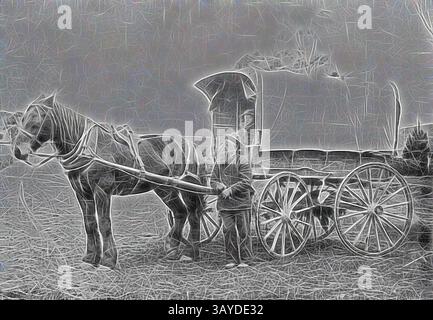 Un cavallo si erge pazientemente accanto a un tradizionale carro di legno, mentre una persona in abito rustico tiene le redini, incarnando un'epoca passata di viaggi e agricoltura. La scena cattura un legame senza tempo tra l'uomo e la natura., negative - Man Standing by a Horse & Covered Wagon sulla stazione 'Pine Park', Weatherboard, Victoria, circa 1895, Un uomo in piedi accanto a un cavallo e un carro coperto sulla stazione 'Pine Park'. All'interno del carro c'è un bambino. Arte classica con un tocco moderno reinventata da Artotop Foto Stock
