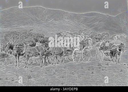 Un gruppo di cavalli si erge accanto a una carrozza, adagiata su uno sfondo di dolci colline. La scena cattura un momento di vita rurale, evidenziando il legame tra animali e trasporto., negativo - persone in un Charabanc, Rokewood District, Victoria, circa 1890, Un grande gruppo di persone in un charabanc trainato da cavalli con un gruppo più piccolo in una carrozza trainata da cavalli. Sono su una strada di campagna accidentata. C'è un edificio che potrebbe essere in rovina, sullo sfondo. Arte classica con un tocco moderno reinventata da Artotop Foto Stock