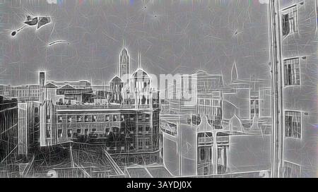 Un paesaggio urbano stilizzato presenta uno skyline con caratteristici edifici torreggiati, che mostrano una miscela di stili architettonici su uno sfondo testurizzato, evocando un'interpretazione artistica di una scena cittadina. Negativo - Sydney, New South Wales, 1933, guardando gli edifici verso Central Station., arte classica con un tocco moderno reinventata da Artotop Foto Stock