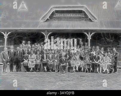 Un grande gruppo di persone, vestite in abiti formali, posa di fronte a un edificio storico con un cartello che mostra l'anno 1895. Il raduno presenta uomini in abiti e donne in abiti, che riflettono un mix di stili di varie epoche, mentre alcuni individui detengono premi o articoli decorativi. L'atmosfera suggerisce una celebrazione o un evento significativo, enfatizzando l'unità e la tradizione. Negativo - Rochester, Victoria, circa 1920, riunione di ritorno a scuola alla Rochester State School No.795., arte classica con un tocco moderno reinventata da Artotop Foto Stock