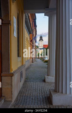Case colorate sulla piazza principale di Levoca, Slovacchia. IMMAGINE Foto Stock