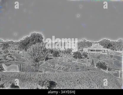 Un paesaggio stilizzato caratterizzato da una scena serena con alberi, strutture lontane e un terreno dolcemente ondulato, il tutto delineato in linee morbide e veggenti che evocano una qualità onirica. Negativo - New South Wales, circa 1900, la casa sulla stazione 'Warrakoo', sul fiume Murray., arte classica con un tocco moderno reinventata da Artotop Foto Stock