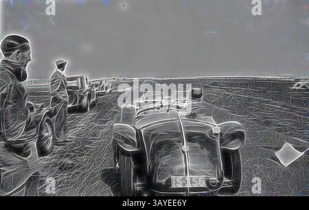 Un'auto da corsa d'epoca è parcheggiata da un paesaggio aspro, con alcune figure vestite in abiti d'epoca che osservano la scena. L'atmosfera è tesa con attesa, catturando lo spirito di un'epoca passata di sport motoristici., negative - Bacchus Marsh, Victoria, 1937, immagine scattata il 19 settembre 1937. Immagine raffigura un evento del Riley Motor Club of Australia (questo club è stato aperto da luglio 1936 a dicembre 1937, tuttavia un nuovo club con lo stesso nome è stato avviato nel 1958). L'evento è uno sprint di 800 metri sulla strada aperta tra Bacchus Marsh e Gisborne, arte classica con un tocco moderno reinventato Foto Stock