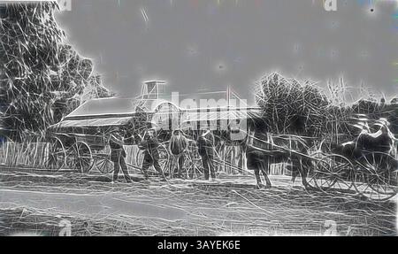 Un gruppo di individui si trova accanto a una carrozza trainata da cavalli vicino a un edificio rustico, circondato da erba alta e alberi. La scena trasuda un senso di nostalgia, catturando un momento di un'epoca passata., negativo - persone allo Sportsman's Hotel, Mortlake (?), Victoria, circa 1910, persone di fronte allo Sportsman's Hotel. Ci sono alcuni carrelli a sinistra e un veicolo trainato da cavalli a destra. Arte classica con un tocco moderno reinventata da Artotop Foto Stock