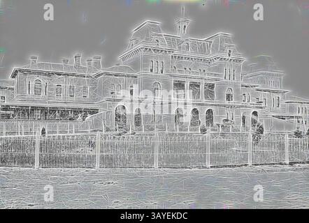 Una villa ornata con una grande facciata con più balconi, dettagli intricati e una linea del tetto a piani, circondata da una recinzione decorativa che ne esalta la presenza signorile. Negativo - Kew, Victoria, circa 1885, The Kew Lunatic Asylum., arte classica con un tocco moderno reinventata da Artotop Foto Stock
