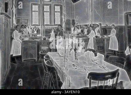 Una cucina d'epoca piena di attività, caratterizzata da individui in abiti tradizionali che si preparano al servizio. Un lungo tavolo è allestito con piatti ben disposti ed elementi decorativi, mentre l'ambiente trasuda un senso di fascino storico e di impegno comune., negative - sale (?), Victoria, circa 1910, Una lezione di cucina. La cucina è sullo sfondo e un tavolo in primo piano per una cena formale. Arte classica con un tocco moderno reinventata da Artotop Foto Stock