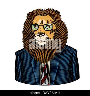 Leone in tuta e cravatta. Hipster di personaggi animali in abiti umani per bevande o concetto di business. graziosa disegnata a mano con incisioni in stile inciso. Illustrazione Vettoriale
