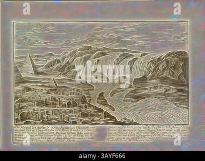 Un paesaggio suggestivo caratterizzato da cascate e scogliere aspre, circondato da un fiume tranquillo e colline lontane. Dettagli intricati mettono in mostra la bellezza naturale e la grandezza della scena, completata da un testo storico in basso, aggiungendo contesto e significato., l'area delle grandi cascate del Nilo, oltre 100 cubiti di altezza, e ..., illustrazione delle grandi cascate del Nilo del XVIII secolo, TA., XII, p. 65, Johann Bernhard Fischer von Erlach: Entwurff einer historischen Architectur, in Abbildung unterschiedthener Völcker, mb, uterschiedthener berühmten Gebäude,, uterschiedthener, mb des Altersdung und Altermden Foto Stock