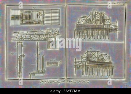 Un'illustrazione tecnica dettagliata che mostra i progetti di una macchina idraulica, con varie viste e componenti, ciascuno etichettato con misurazioni e figure di riferimento specifiche., idraulico, macchina Marli, stazione di pompaggio ad azionamento idraulico, macchina di Marly, firmata: Benard Direx, PL. 1 e 2, a pag. 14, Benard (dir.), Denis Diderot; M. d'Alembert: Encyclopédie, ou dictionnaire raisonné des sciences, des arts et des métierss, des arts et des métiers. Genève: chez pellet, MDCCLXXVIII [1778], arte classica con un tocco moderno reinventata da Artotop Foto Stock