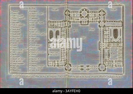 Un piano architettonico dettagliato con disegni e annotazioni intricati, che mostra vari elementi dell'architettura con un elenco di termini e descrizioni sul lato. La disposizione comprende grandi strutture con caratteristiche simmetriche e motivi decorativi., architettura, pianta al piano terra di un grande hotel ..., pianta di un hotel, firmata: Du dessin de Jacques Francois Blondel; Benard direx, PL. 23, dopo P. 48, Blondel, Jacques Francois (del.); Benard (dir.), 1778, Denis Diderot; M. d'Alembert: Encyclopédie, ou dictionnaire raisonné des Sciences, des Arts et des métierss, des Arts et Foto Stock