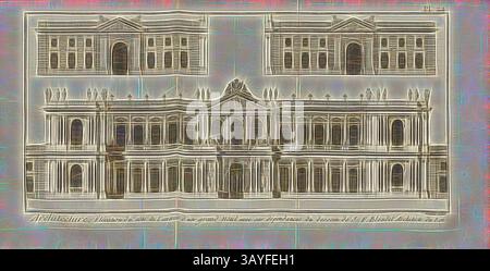 Un'illustrazione architettonica che mostra una facciata elaborata, caratterizzata da dettagli intricati, design simmetrico ed elementi classici. La struttura è incorniciata da vedute più piccole dei suoi componenti, enfatizzando la sua grandezza e il suo significato storico., architettura, elevazione sul lato dell'ingresso di un grande hotel con annessi ..., elevazione di un hotel, firmata: Du dessin de J. F. Blondel; Benard direx, PL. 24, dopo P. 48, Blondel, Jacuqes Franc (del.); Benard (dir.), 1778, Denis Diderot; M. d'Alembert: Encyclopédie, ou dictionnaire raisonné des Sciences, des Arts et des métierss, des Arts Foto Stock