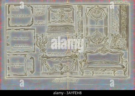 Un complesso design architettonico con cornici ed elementi decorativi ornati, completati da note e annotazioni dettagliate, che mettono in mostra un elegante mix di arte e artigianato. Architettura, dettagli, Dettagli sulle camere al Palais Royal di Parigi, firmato Benard direx, PL. 33, 36 e 37, dopo pag. 48, Benard (dir.), 1778, Denis Diderot; M. d'Alembert: Encyclopédie, ou dictionnaire raisonné des Sciences, des Arts et des métierss, des Arts et des métiers. Genève: chez pellet, MDCCLXXVIII [1778], arte classica con un tocco moderno reinventata da Artotop Foto Stock