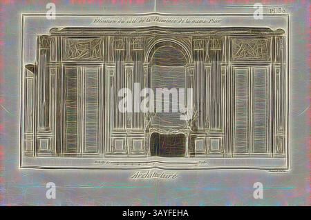 Un'intricata illustrazione architettonica che mostra la facciata di un grande edificio, accentuata da elaborati disegni ed elementi simmetrici. I lavori dettagliati della linea mettono in risalto elementi classici e dettagli ornamentali, evocando un senso di eleganza e significato storico. Architettura, elevazione sul lato camino della stessa sala, sala al Palais Royal di Parigi, firmata: Benard direx, PL. 30, dopo P. 48, Benard (dir.), 1778, Denis Diderot; m. d'Alembert: Encyclopédie, ou Dictionnaire raisonné des Sciences, des Arts et des métierss, des Arts et des métiers. Genève: chez pellet, MDCCLXXVIII Foto Stock