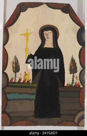 Una figura vestita di nero regge una croce, adagiata su uno sfondo di alberi stilizzati e colori vivaci. La composizione trasuda una miscela di spiritualità e arte astratta, catturando un momento di calma contemplazione. Nuovo messicano: Santa Rita di Cascia (Santa Rita de Cascia), Pedro Antonio Fresquis, nuovo messicano, c. 1815, vernice a base d'acqua su pannello di legno, totale: 9 3/4 x 6 1/2 poll. (24,8 x 16,5 cm) Arte classica con un tocco moderno reinventata da Artotop Foto Stock