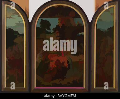 Una rappresentazione astratta di un trittico con tre pannelli ad arco, con colori tenui e forme miste che evocano un paesaggio o una scena, invitanti interpretazioni e introspezioni. Lucas van Leyden: Adoration of the Magi, Lucas van Leyden, c. 1510, Oil on panel, this triptych, o pittura a tre sezioni, è stato creato da un artista non identificato che era un seguace del pittore e incisore olandese Lucas van Leyden. Il soggetto è la storia biblica che segue la nascita di Cristo quando tre re arrivano portando doni. Al centro, Maria tiene il Cristo neonato mentre un re, drappeggiato in un rosso e Foto Stock