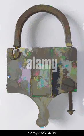 Un lucchetto decorato dal design esclusivo, caratterizzato da dettagli intricati e un arco circolare, aggiunge un tocco di fascino vintage. Europeo: Lucchetto, europeo, XVIII secolo, ferro, tuta (chiusa): 9 x 5 1/8 x 2 5/8 poll. (22,9 x 13 x 6,7 cm) Arte classica con un tocco moderno reinventata da Artotop Foto Stock