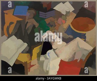 Un ambiente interno accogliente con rappresentazioni astratte di due figure piacevolmente rilassanti tra vari oggetti, tra cui libri e lampade, creando un senso di tranquillità e intimità. L'interazione di forme e colori aggiunge profondità e calore all'atmosfera. Roger de la Fresnaye: Married Life (la vie conjugale), Roger de la Fresnaye, 1913, olio su tela, il pittore francese Roger de la Fresnaye assorbì il vocabolario cubista sviluppato da Pablo Picasso e Georges Braque. Fu un membro della Section d'Or, il gruppo di artisti che, nel 1911, per la prima volta portò il cubismo all'attenzione del pubblico Foto Stock