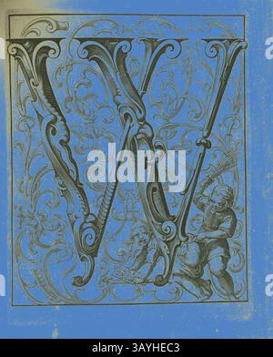 Una lettera "W" decorata è circondata da intricati motivi vorticosi, con piccole figure impegnate in varie attività, che aggiungono un tocco stravagante al design decorativo. Alfabeto, 1627, Lucas Kilian, tedesco, 1579-1637, Germania, Libro con 24 incisioni, rilegato in levante cremisi con carte marmorizzate, custodia esterna, 168 x 142 mm (foglio), 170 x 150 (rilegatura chiusa) Arte classica con un tocco moderno reinventata da Artotop Foto Stock