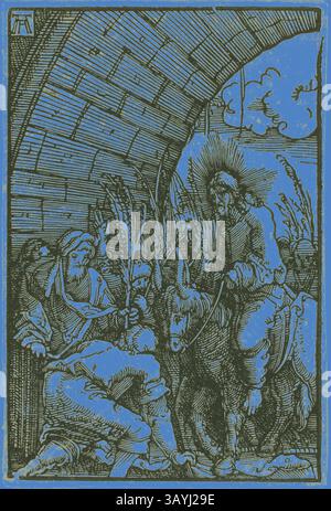 Un gruppo di figure si riunisce sotto un arco di pietra, alcune con rami mentre interagiscono con un personaggio centrale su un asino. La scena è piena di pose ed espressioni dinamiche, catturando un momento di significato, possibilmente una processione o un arrivo. Dietro di loro, è possibile vedere le nuvole, aggiungendo profondità all'impostazione. L'entrata in Gerusalemme, dalla caduta e la Redenzione dell'uomo, 1513, Albrecht Altdorfer, tedesco, c.1480-1538, Germania, Woodcut in nero su carta posato avorio, 172 x 148 mm (fosforo/piastra), 174 x 149 mm (foglio) Arte classica con un tocco moderno reinventata da Artotop Foto Stock