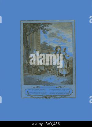 Un'elegante scena che raffigura un gruppo di figure in abito del XVIII secolo, impegnati in conversazione e svago in un giardino. Un cane accompagna uno degli individui, mentre alberi lussureggianti incorniciano lo sfondo, suggerendo un'atmosfera serena e aristocratica. Un bordo decorativo esalta le opere d'arte, aggiungendo al suo fascino storico. Passeggiata mattutina, dal Monument du Costume Physique et Moral de la fin du Dix-huitième siècle, 1774, Charles Louis Lingée (francese, 1748-1819), dopo Sigmund Freudeberg (svizzero, 1745-1801) e Jean Henri Eberts (svizzero, XVIII secolo), pubblicato da Laurent-Francois Prault ( Foto Stock