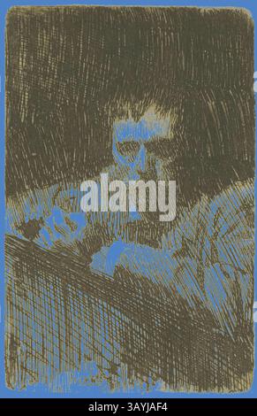 Una figura si appoggia su una ringhiera, il loro sguardo intenso riflette una profonda contemplazione. Le linee circostanti creano un senso di movimento ed energia, contrastando con la quiete del momento. A Painter-Etcher (Autoritratto), 1889, Anders Zorn, svedese, 1860-1920, Svezia, incisione su carta tessuta avorio, 112 x 72 mm (immagine), 118 x 79 mm (piastra), 492 x 395 mm (foglio) Arte classica con un tocco moderno reinventata da Artotop Foto Stock