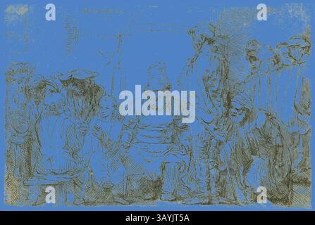 Un gruppo di individui riuniti intorno a una figura centrale, impegnati in conversazione o contemplazione. La scena trasmette un senso di comunità e un'esperienza condivisa, con espressioni e posture diverse che riflettono emozioni e interazioni diverse tra il gruppo. Cristo seduto in disputa con i medici, 1654, Rembrandt van Rijn, olandese, 1606-1669, Olanda, incisione su carta, 94 x 145 mm (immagine), 96 x 145 mm (foglio) Arte classica con un tocco moderno reinventata da Artotop Foto Stock