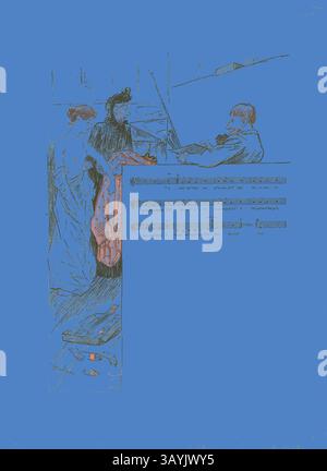 Una scena che raffigura un gruppo di individui elegantemente vestiti impegnati in una performance musicale, con un musicista che suona uno strumento mentre due figure, una in un abito scorrevole e l'altra in un abito formale, conversano nelle vicinanze. Gli spartiti musicali sono parzialmente visibili, suggerendo che l'atmosfera è di arte e cultura. The Little Model, pubblicato nel 1892–1900, Théophile-Alexandre Steinlen, francese, nato in Svizzera, 1859-1923, Francia, stampa fotorelief in rosso e nero con musica/testi su carta intestata in avorio, 329 x 235 mm (immagine), 420 x 309 mm (foglio) Arte classica con un tocco moderno reinventato da Foto Stock