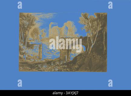 Un tranquillo paesaggio caratterizzato da un antico ponte di pietra circondato da alberi, adagiato su uno sfondo blu vivido. La scena cattura l'essenza della tranquillità della natura con accenni di fauna selvatica in primo piano. East Gate, Winchelsea, placca 67 da Liber Studiorum, pubblicato il 1 gennaio 1819, Joseph Mallord William Turner (inglese, 1775-1851), inciso da S.W. Reynolds, Inghilterra, incisione e incisione in marrone su carta avorio su carta biancastra, 175 x 259 mm (immagine), 205 x 290 mm (piatto), 267 x 386 mm (foglio) Arte classica con un tocco moderno reimmaginato da Artotop Foto Stock