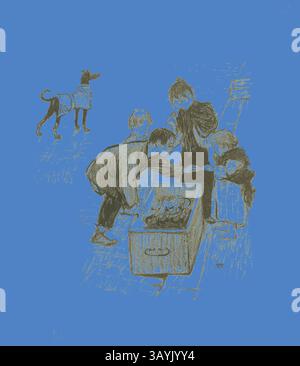 Un gruppo di quattro bambini si riunisce intorno a una scatola di legno, esaminandone curiosamente il contenuto, mentre un cane sta a guardare sullo sfondo, aggiungendo un senso di attività e compagnia alla scena. High Society!, gennaio 1894, Théophile-Alexandre Steinlen, francese, nato in Svizzera, 1859-1923, Francia, litografia in nero su carta intrecciata color crema, 327 x 303 mm (immagine), 460 x 399 mm (foglio) Arte classica con un tocco moderno reinventata da Artotop Foto Stock