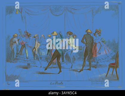 Una scena vivace da uno spettacolo teatrale che mette in mostra ballerini e interpreti elegantemente vestiti in elaborati costumi, ambientato su uno sfondo vibrante con drappeggi ornati. Le espressioni gioiose e le pose dinamiche catturano l'energia del palcoscenico, mettendo in risalto l'arte della danza e dell'intrattenimento di un'epoca passata. La Poule, pubblicato il 4 giugno 1817, George Cruikshank (inglese, 1792-1878), pubblicato da Hannah Humphrey (inglese, c. 1745-1818), Inghilterra, incisione colorata a mano su carta, 241 x 343 mm (immagine), 245 x 348 mm (piastra), 253 x 355 mm (foglio) Arte classica con un tocco moderno reinventata da Foto Stock