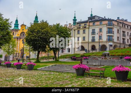 Case colorate in piazza Rynek a Przemysl, Polonia. IMMAGINE Foto Stock