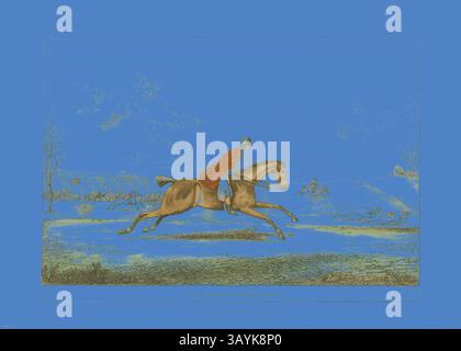 Un cavaliere con un cappotto rosso guida abilmente un cavallo al galoppo attraverso un paesaggio vivace, la scena piena di un senso dinamico di movimento mentre gli uccelli volano sullo sfondo. Going Along a Slapping Pace, plate one from indispensable Achievements, pubblicato il 24 giugno 1811, Sir Robert Frankland (inglese, 1784-1849), pubblicato da Hannah Humphrey (inglese, c. 1745-1818), Inghilterra, incisione colorata a mano su carta, 187 x 270 mm (immagine), 210 x 294 mm (piatto), 230 x 324 mm (foglio) arte classica con un tocco moderno reinventato da Artotop Foto Stock