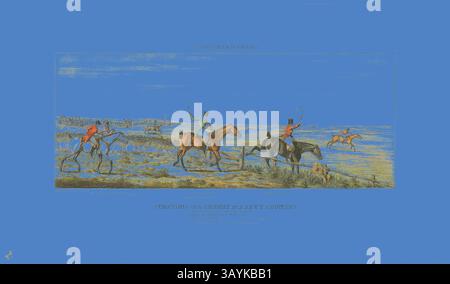 Una scena vibrante che raffigura un gruppo di cavalieri che navigano in un vasto paesaggio, con un pilota che tiene in mano un'arma mentre altri osservano il terreno. Il primo piano presenta animali da pascolo e lo sfondo mostra un cielo blu vivace, che migliora il senso di avventura e esplorazione in una vasta natura selvaggia. Sysents of a Skurry, plate three from the Leicestershire Hunt, pubblicato nel 1825, John Dean Paul (inglese, 1775-1852), pubblicato da Thomas McLean (inglese, 1788-1875), Inghilterra, acquatint colorato a mano su carta avorio tessuta, 225 x 563 mm (immagine), 329 x 632 mm (piatto), 425 x 733 mm (foglio) Classic art Foto Stock
