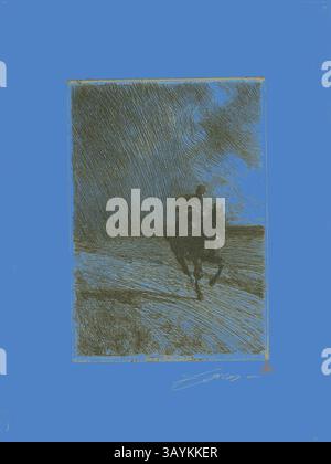 Una scena dinamica cattura un cavaliere al galoppo su un cavallo attraverso un paesaggio aperto, circondato da nuvole drammatiche e vorticose e da uno sfondo blu vivace, creando un contrasto sorprendente e un senso di movimento. Storm, 1891, Anders Zorn, svedese, 1860-1920, Svezia, incisione su carta posata in avorio, 191 x 133 mm (immagine), 198 x 138 mm (piastra), 304 x 230 mm (foglio) Arte classica con un tocco moderno reinventata da Artotop Foto Stock