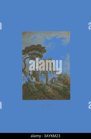 Una scena pittoresca caratterizzata da antiche rovine avvolte da una vegetazione lussureggiante, incorniciata da un vivace cielo blu. Una figura si erge nelle vicinanze, aggiungendo un senso di scala ai resti storici, mentre l'ambiente naturale esalta l'incantevole atmosfera del paesaggio. Torre di Pignattara, piatto ventidue dalle rovine di Roma, pubblicato il 20 febbraio 1798, M. Dubourg, (italiano, Active 1786-1838), pubblicato da J. Merigot (Italiano, sconosciuto), Inghilterra, acquatinta colorata a mano su carta, 448 x 330 mm (foglio) Arte classica con un tocco moderno reinventata da Artotop Foto Stock