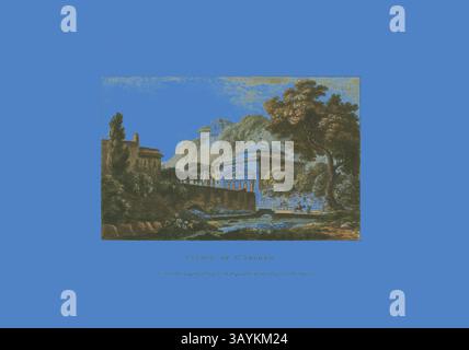 Un tranquillo paesaggio caratterizzato da una chiesa dall'architettura distintiva, circondata da alberi lussureggianti e da un fiume che scorre dolcemente, adagiato sullo sfondo di aspre colline. La scena trasmette un senso di tranquillità e armonia con la natura. Chiesa di Sant'Andrea, placca diciotto dalle rovine di Roma, pubblicata l'11 ottobre 1796, M. Dubourg, (inglese, Active 1786-1838), pubblicato da J. Merigot (Italiano, sconosciuto), Inghilterra, acquatinta colorata a mano su carta, 330 x 448 mm (foglio) Arte classica con un tocco moderno reinventata da Artotop Foto Stock