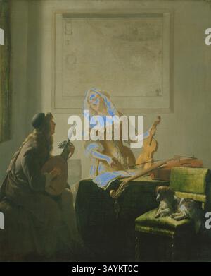 Una musicista suona un liuto mentre una donna in abito d'epoca regala graziosamente uno strumento a corda, entrambi immersi in un momento sereno. Un piccolo cane riposa nelle vicinanze su una sedia, aggiungendo un'atmosfera intima alla scena. Dietro di loro, una mappa incompiuta suggerisce un mondo più grande oltre il loro momento di creatività. The Music Lesson, 1671, Jacob Ochtervelt, olandese, 1634-1682, Olanda, olio su tela, 80,2 x 65,5 cm (31 x 25 3/16 poll.) Arte classica con un tocco moderno reinventata da Artotop Foto Stock